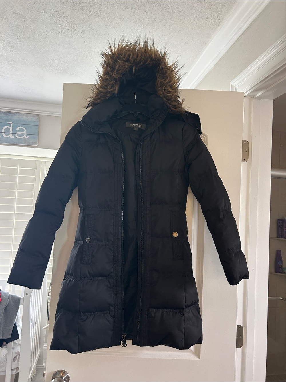 Kenneth Cole Black Faux-Fur Hooded Long Puffer Coat